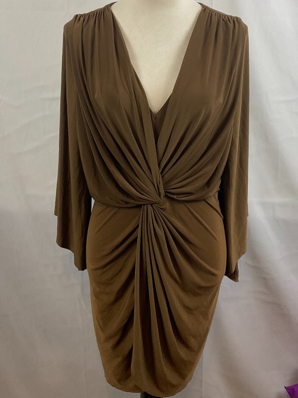 Misa Los Angeles Slinky Dress XS Brown Drape 3/4 Kimono Sleeve